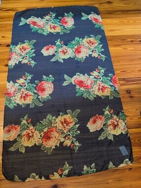 Floral Cabbage Rose Print Rectangular Navy Scarf Semi Sheer by The Paper Store